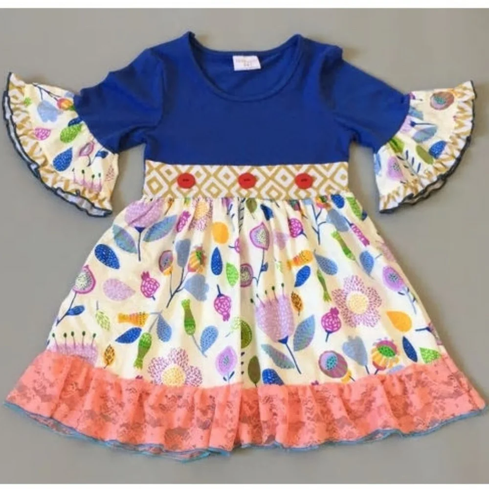 Boutique Floral Blue Short Sleeve Ruffle Dress